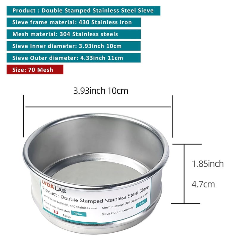 LVDALAB 304 Stainless Steel Mesh Lab Sieve, 70 Mesh(0.25mm) Aperture Test Sieve, 4inch(10cm) Economy Standard Analysis Sample Test Sieves for Industrial Laboratory Homes - Image 3